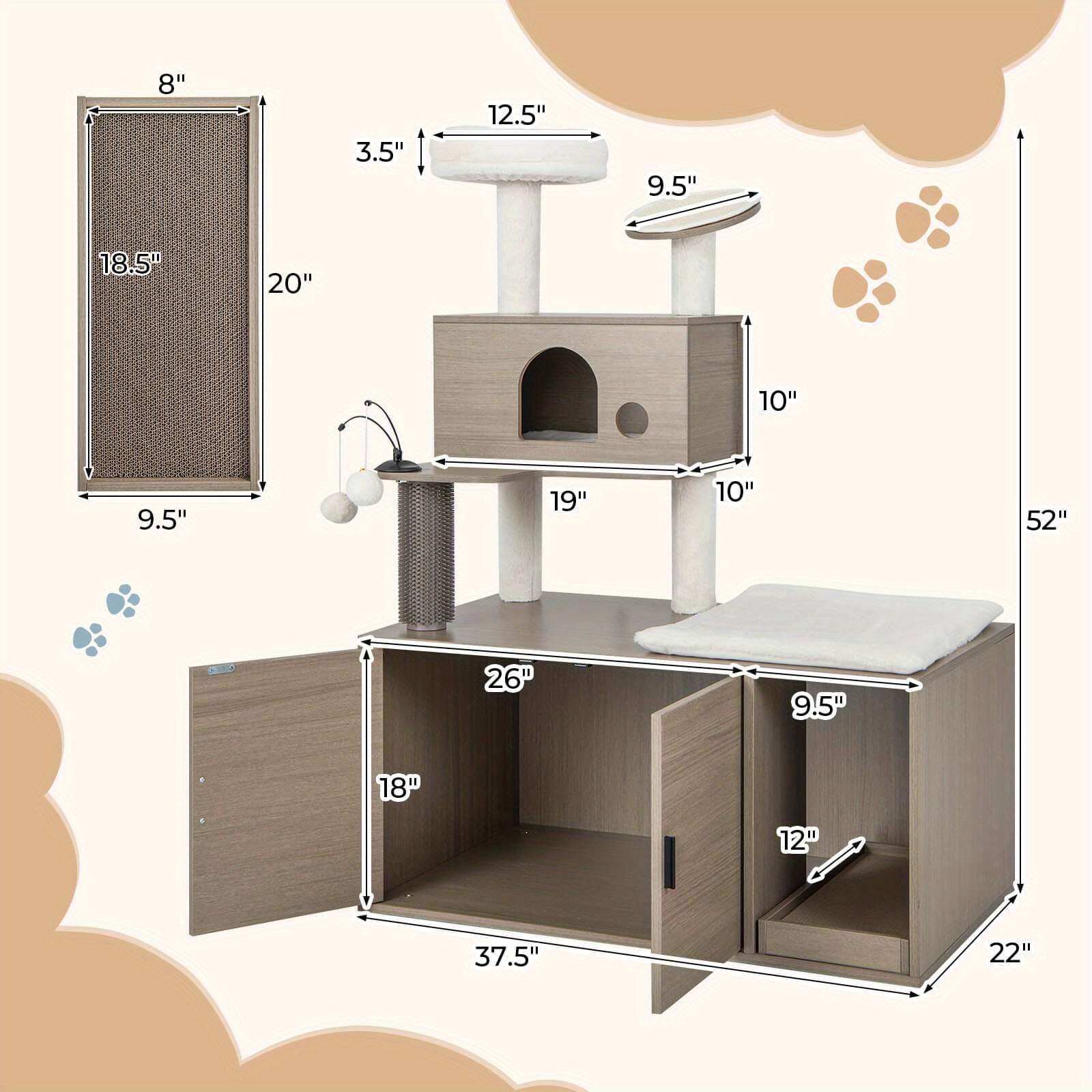 Kratzbaum mit Katzentoilettengehäuse, moderner 2-in-1-Katzenturm mit Katzenhaus
